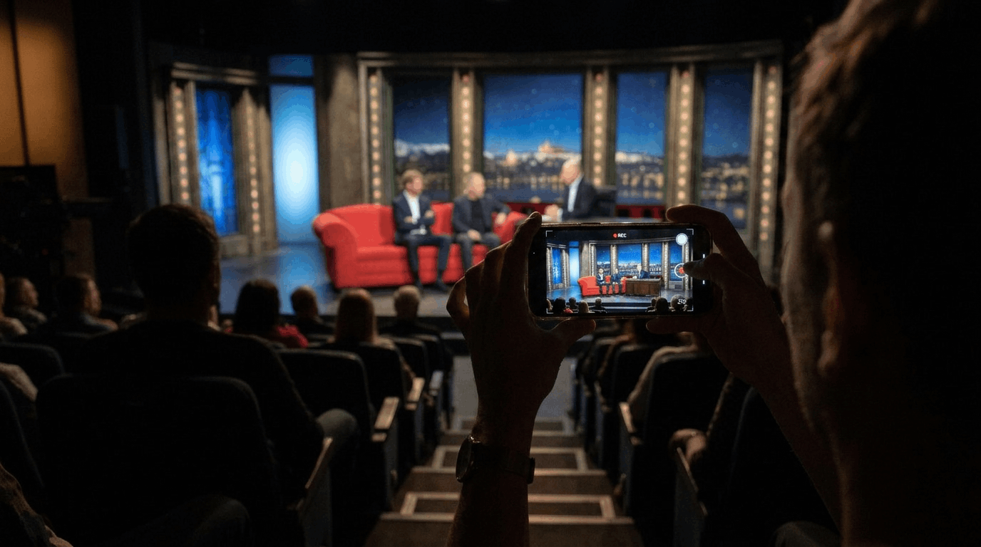 Telefon v rukou diváka zaznamenává připravenou studiovou scénu